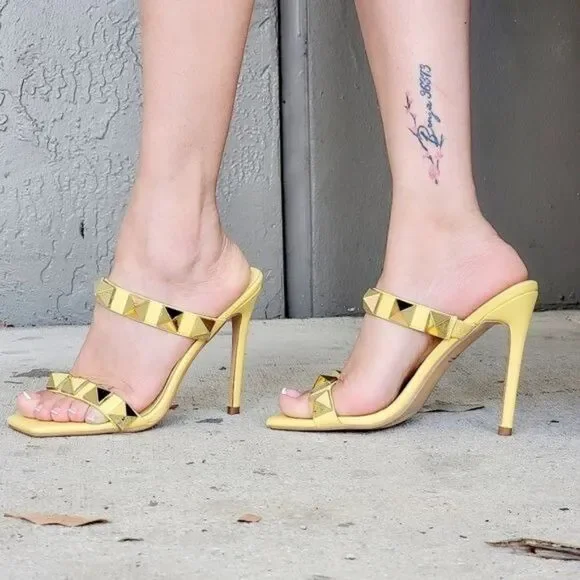 Yellow Square Open Toe High Heel Shoes for Women Slip On Gold Finish Studs - Picture 3 of 4
